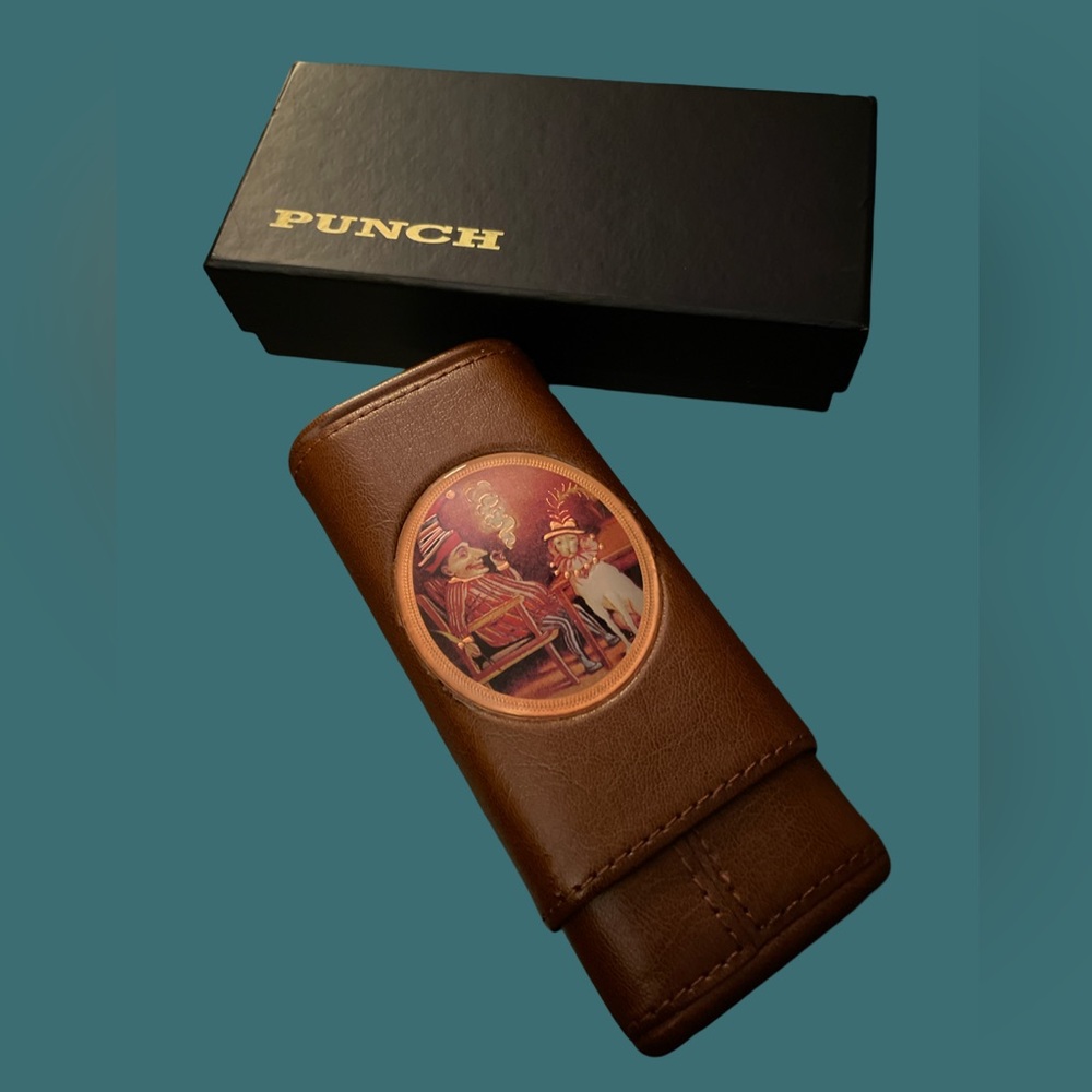 Vtg Leather Cigar Travel Case For 2 Cigars With ‘Punch’ Logo & Box - Never Used